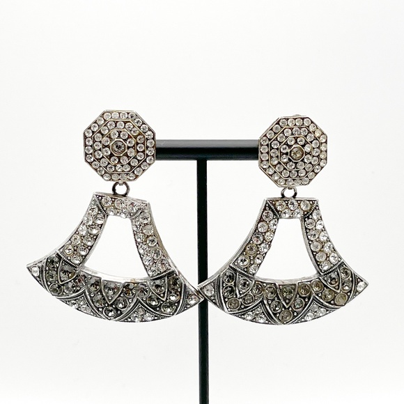 Vintage Silver Deco Pavé Fan Dangle Earrings with White and Grey Crystals - Picture 1 of 5